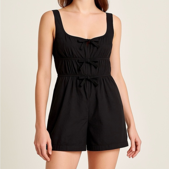 Rebecca Taylor Poplin Cotton Silk Blend Lace Tie Front Ruched Romper Black 2 - Picture 1 of 10